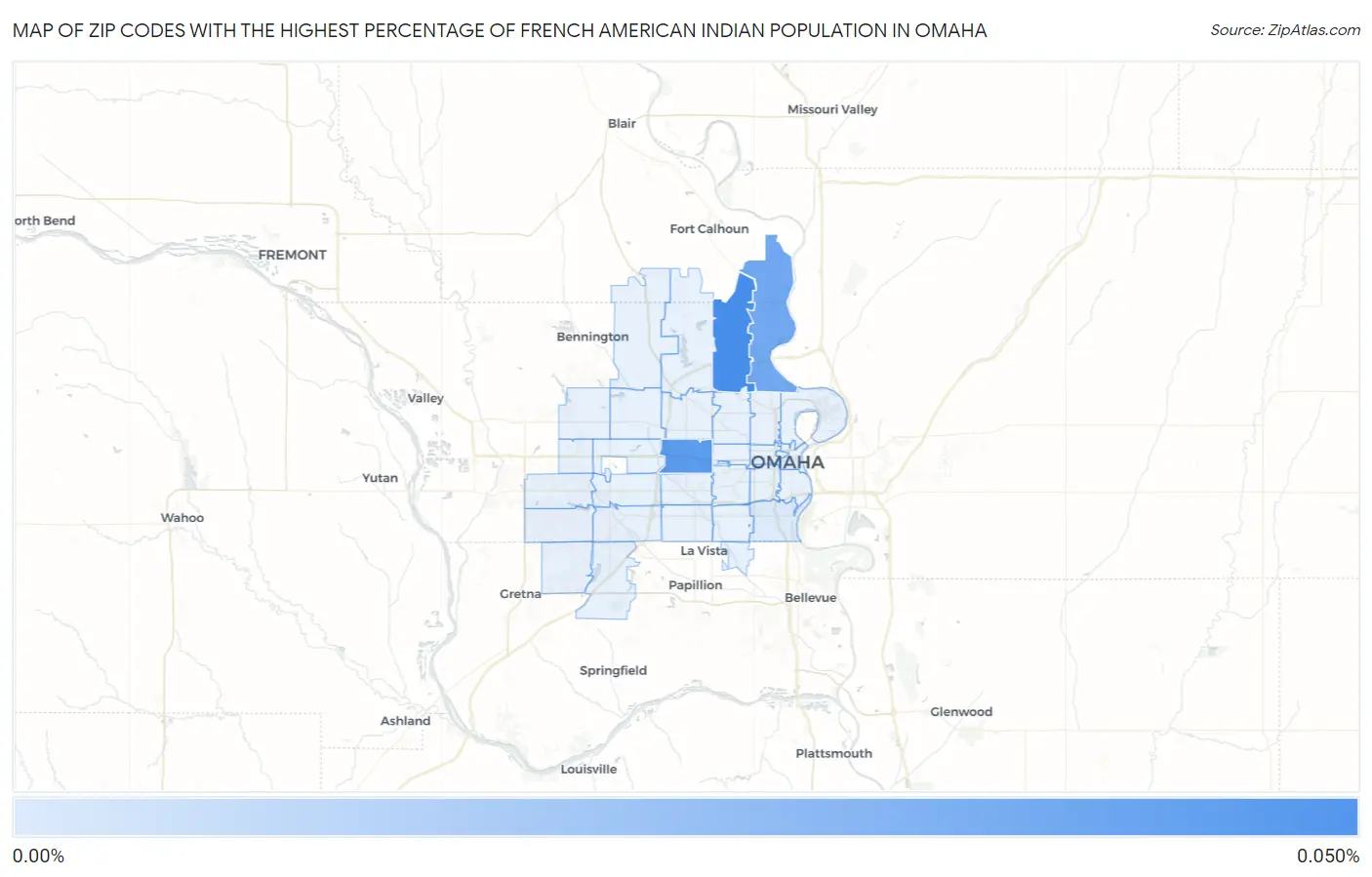 Zip Codes with the Highest Percentage of French American Indian Population in Omaha Map