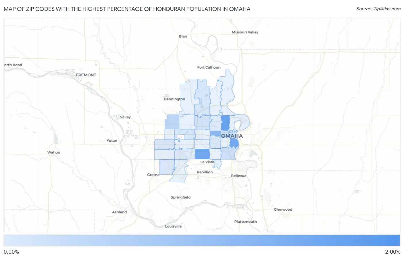 Zip Codes with the Highest Percentage of Honduran Population in Omaha Map
