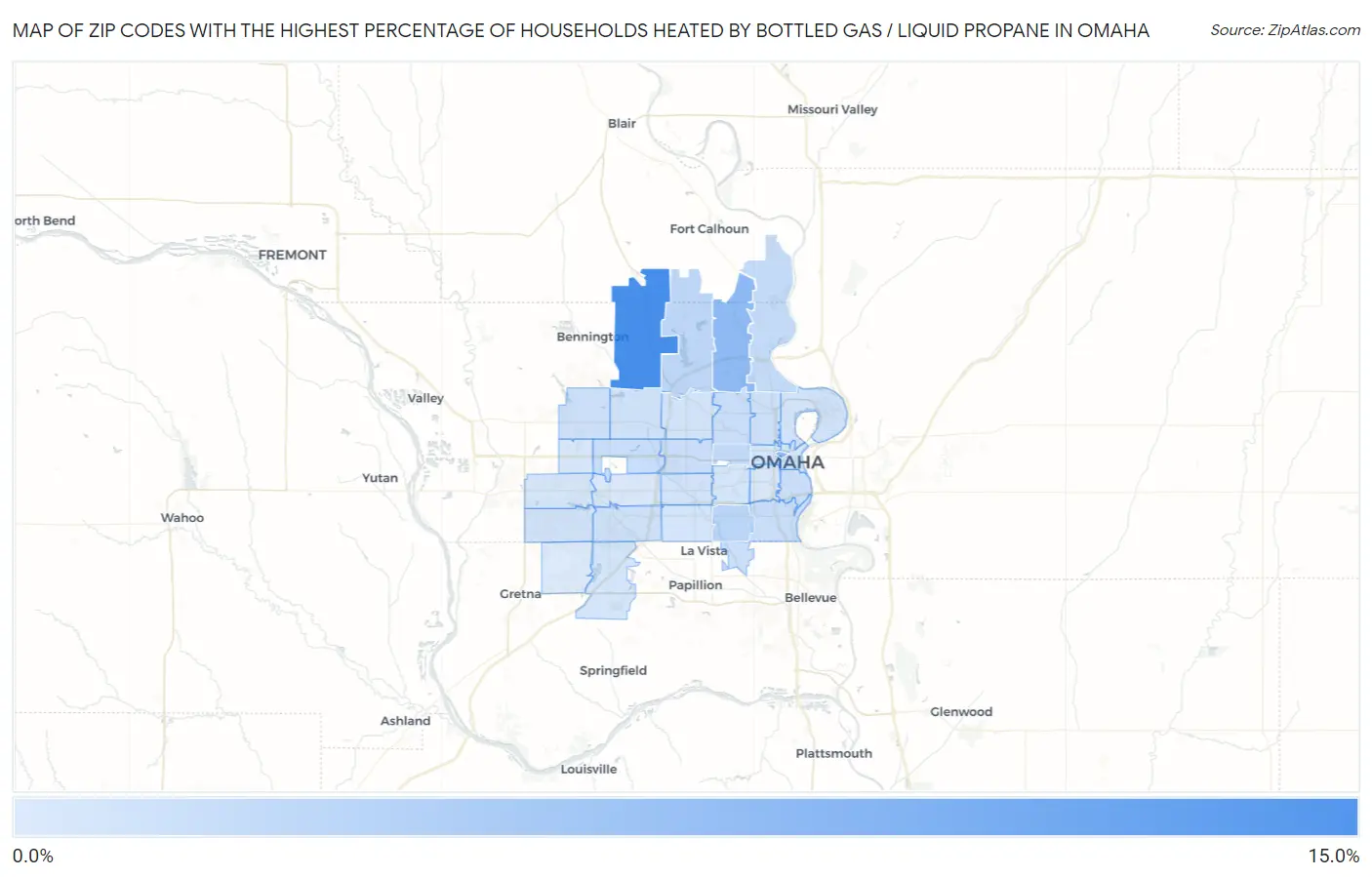Zip Codes with the Highest Percentage of Households Heated by Bottled Gas / Liquid Propane in Omaha Map