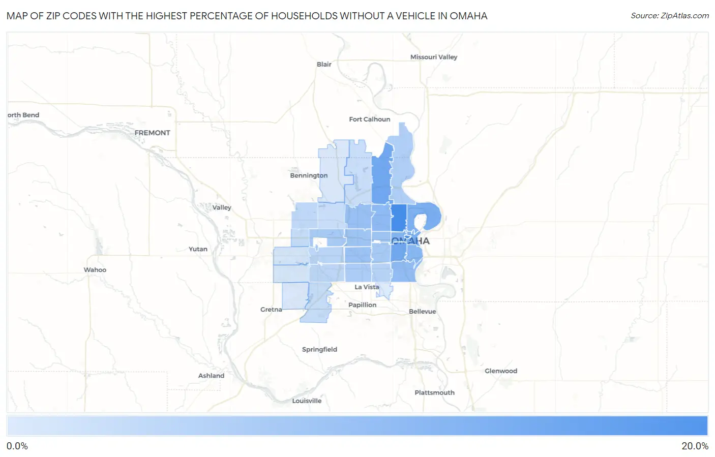 Zip Codes with the Highest Percentage of Households Without a Vehicle in Omaha Map