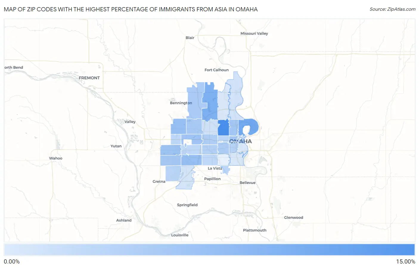 Zip Codes with the Highest Percentage of Immigrants from Asia in Omaha Map