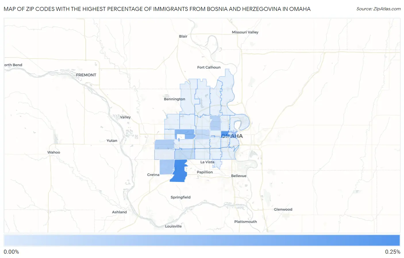 Zip Codes with the Highest Percentage of Immigrants from Bosnia and Herzegovina in Omaha Map
