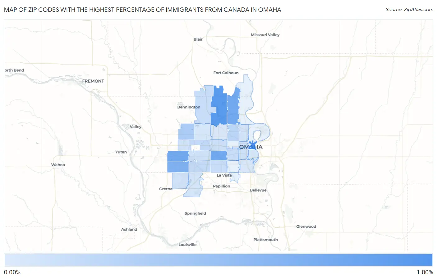 Zip Codes with the Highest Percentage of Immigrants from Canada in Omaha Map