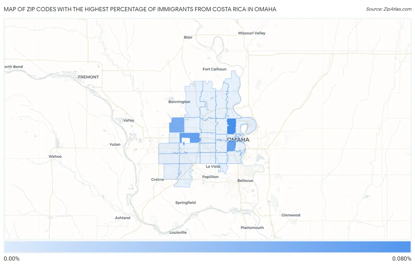 Zip Codes with the Highest Percentage of Immigrants from Costa Rica in Omaha Map