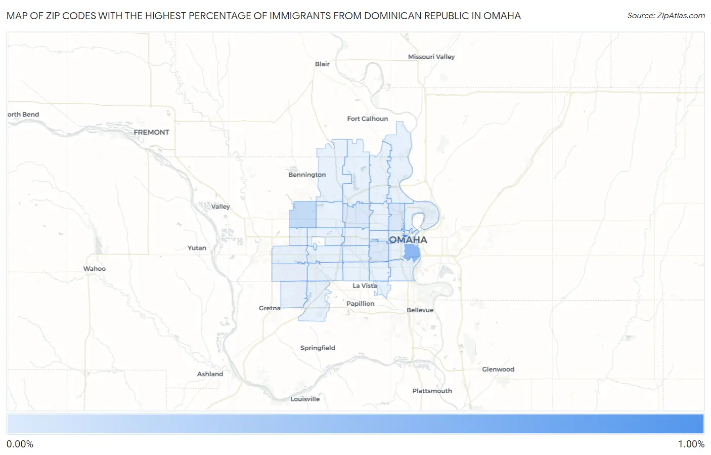 Zip Codes with the Highest Percentage of Immigrants from Dominican Republic in Omaha Map