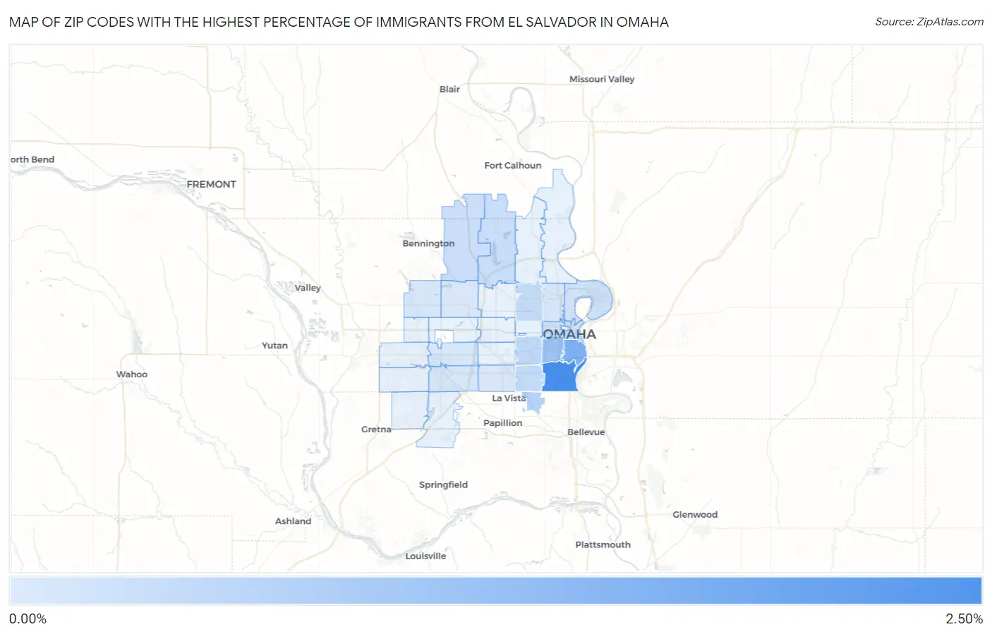 Zip Codes with the Highest Percentage of Immigrants from El Salvador in Omaha Map