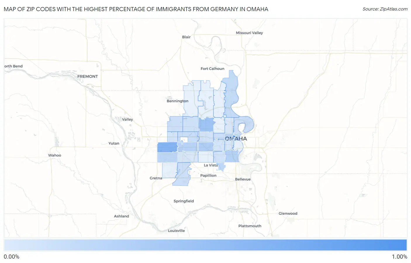 Zip Codes with the Highest Percentage of Immigrants from Germany in Omaha Map