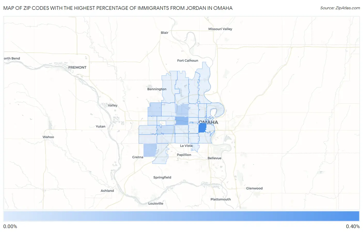 Zip Codes with the Highest Percentage of Immigrants from Jordan in Omaha Map