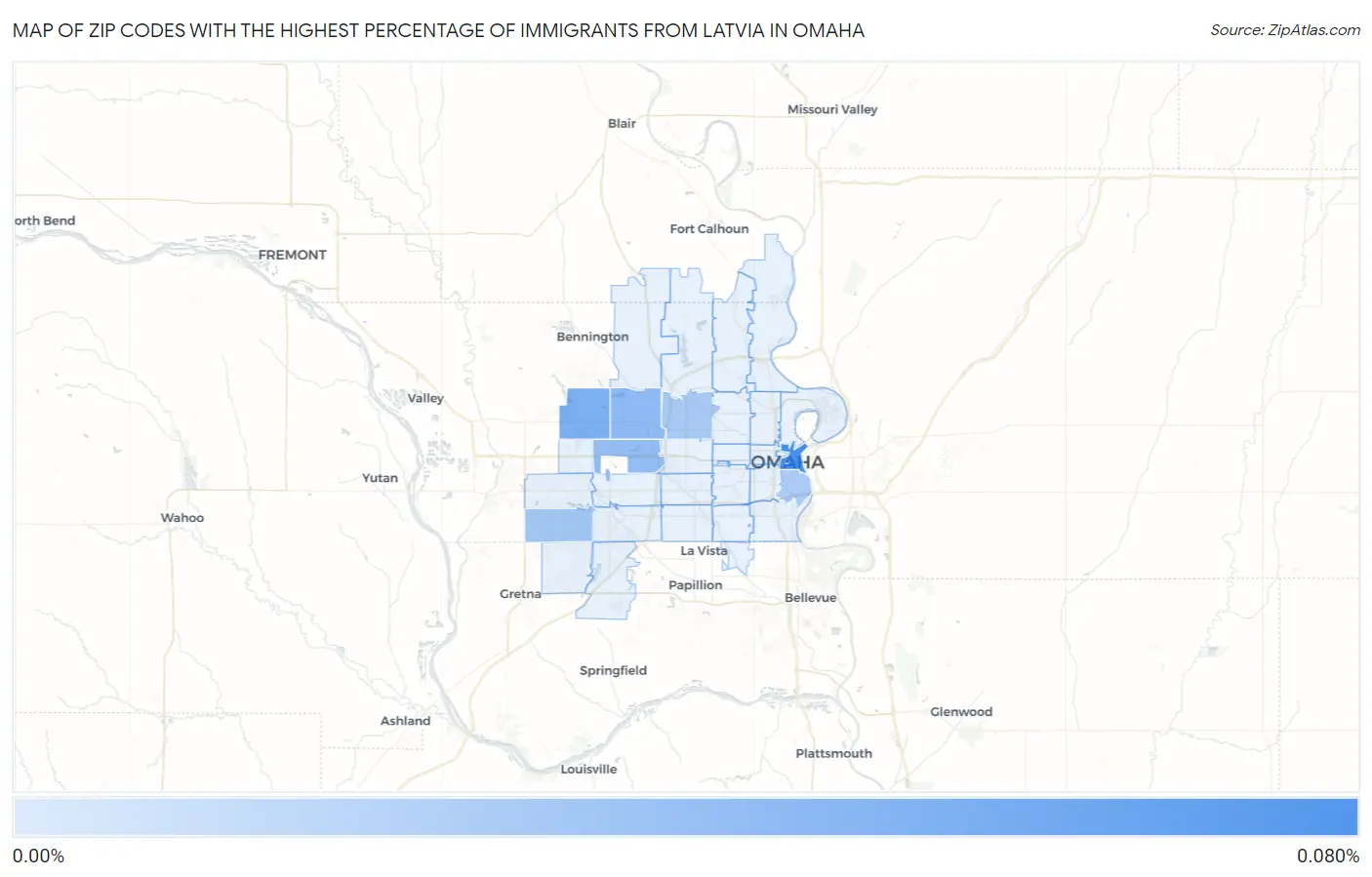 Zip Codes with the Highest Percentage of Immigrants from Latvia in Omaha Map