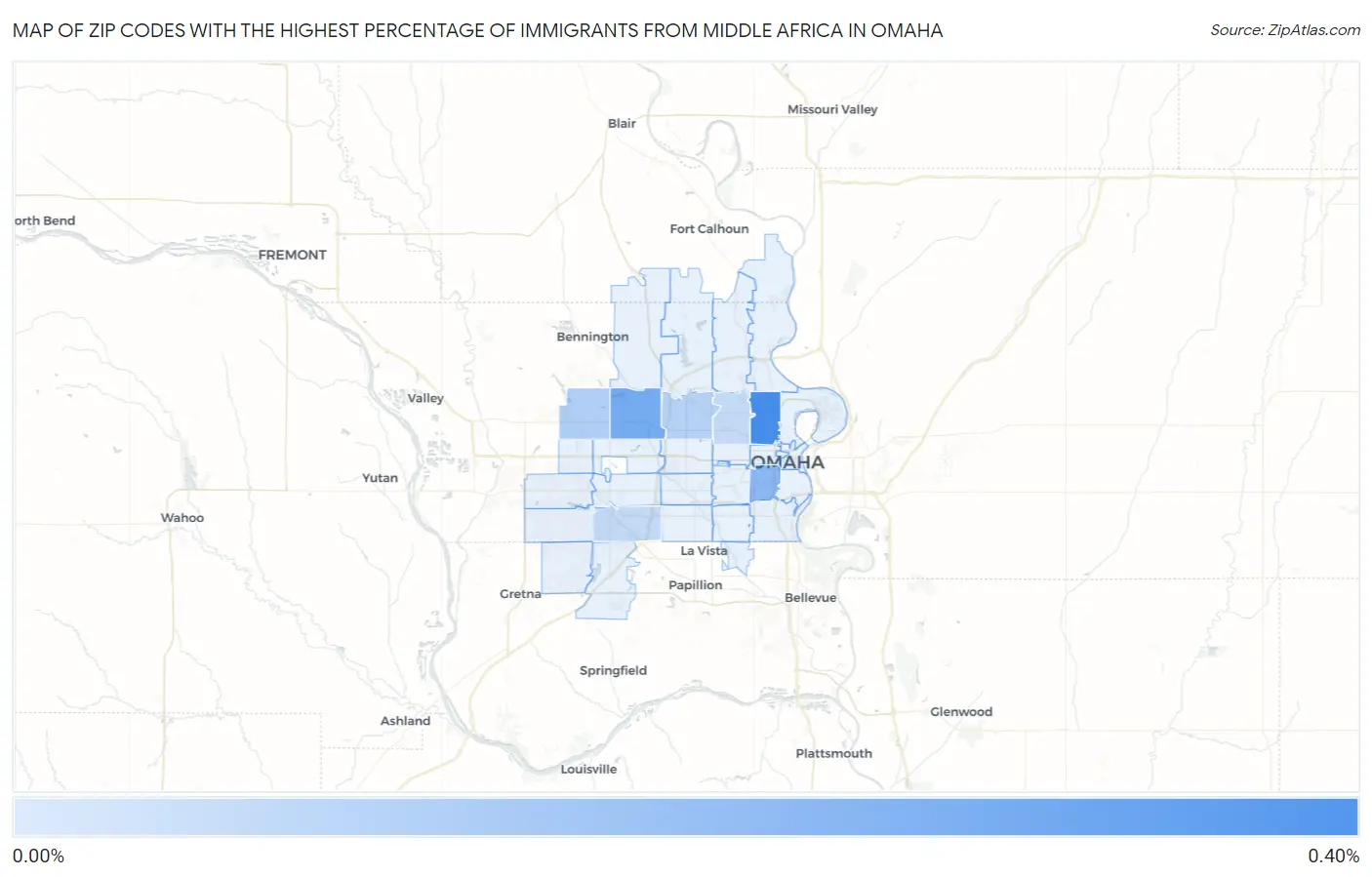 Zip Codes with the Highest Percentage of Immigrants from Middle Africa in Omaha Map