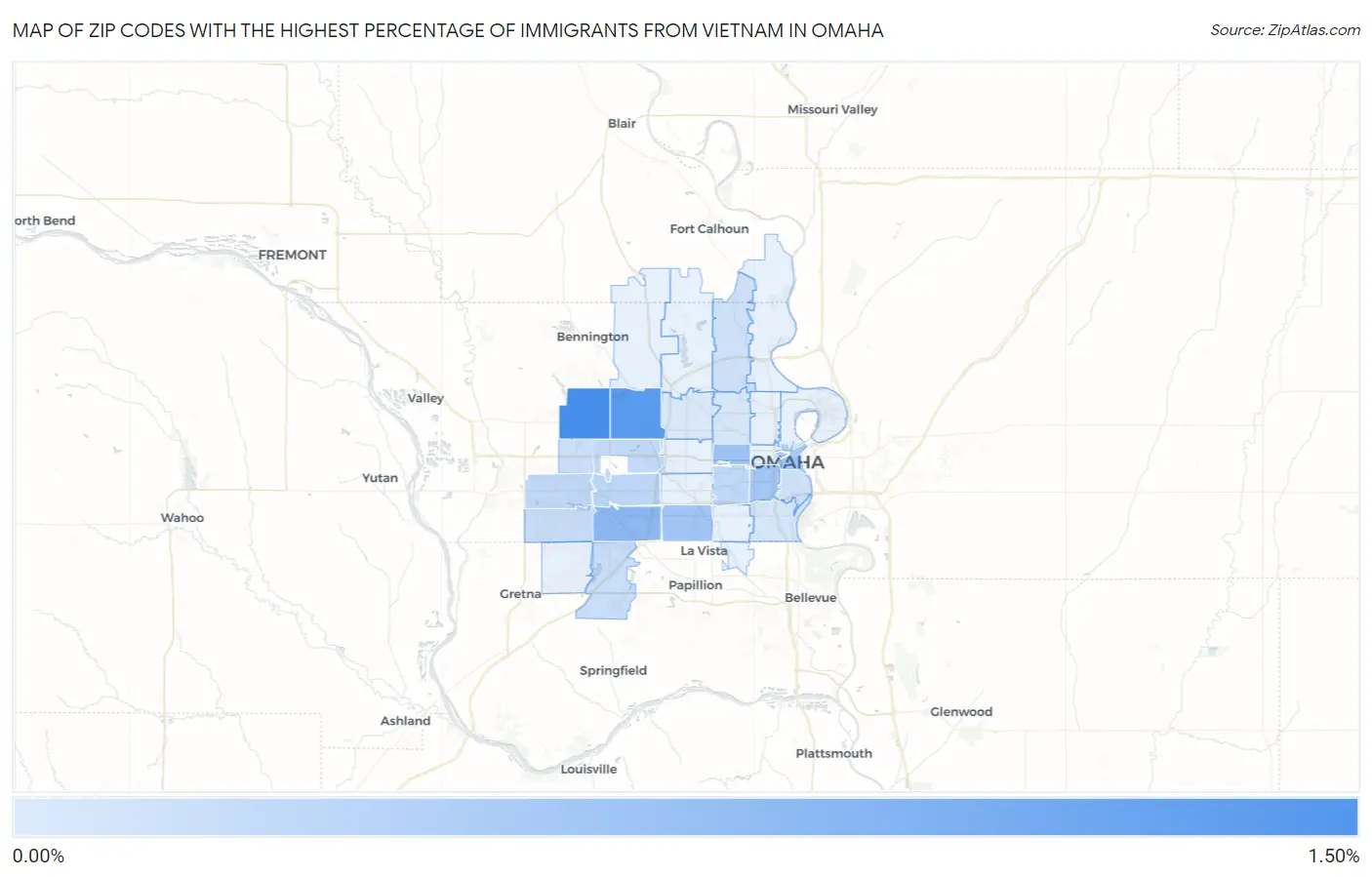 Zip Codes with the Highest Percentage of Immigrants from Vietnam in Omaha Map