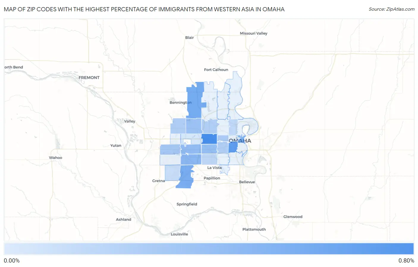 Zip Codes with the Highest Percentage of Immigrants from Western Asia in Omaha Map