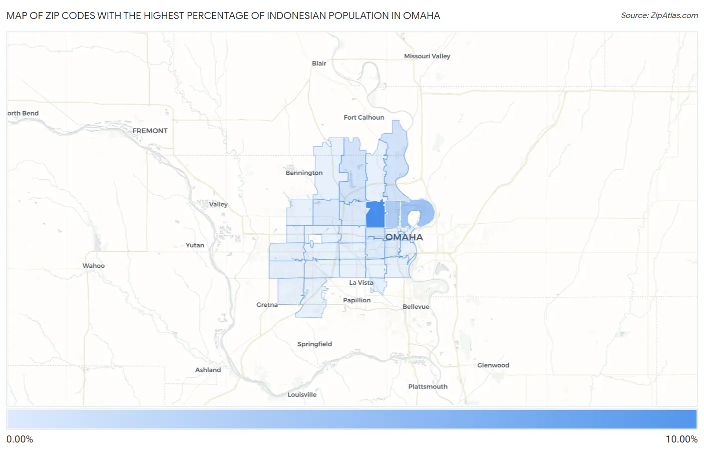 Zip Codes with the Highest Percentage of Indonesian Population in Omaha Map