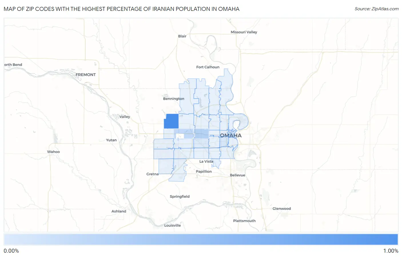 Zip Codes with the Highest Percentage of Iranian Population in Omaha Map
