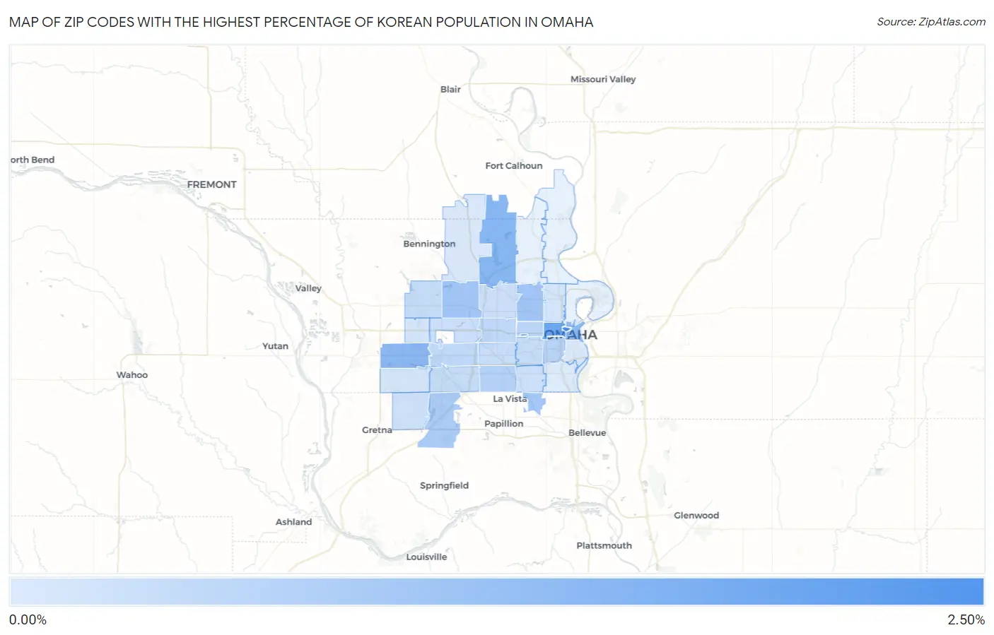 Zip Codes with the Highest Percentage of Korean Population in Omaha Map
