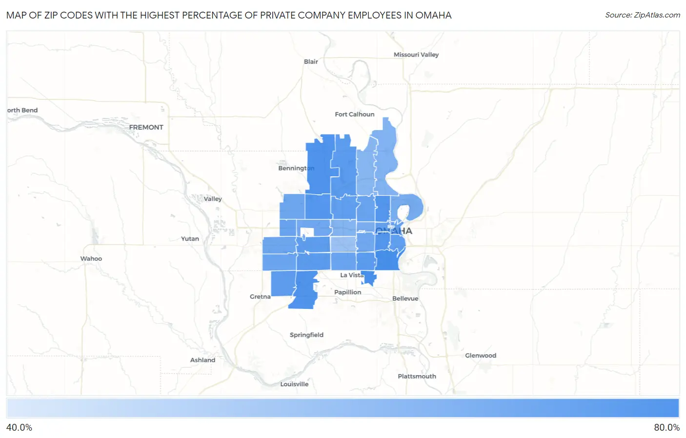 Zip Codes with the Highest Percentage of Private Company Employees in Omaha Map