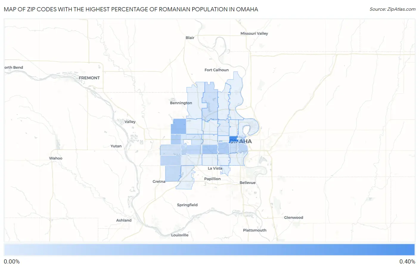 Zip Codes with the Highest Percentage of Romanian Population in Omaha Map