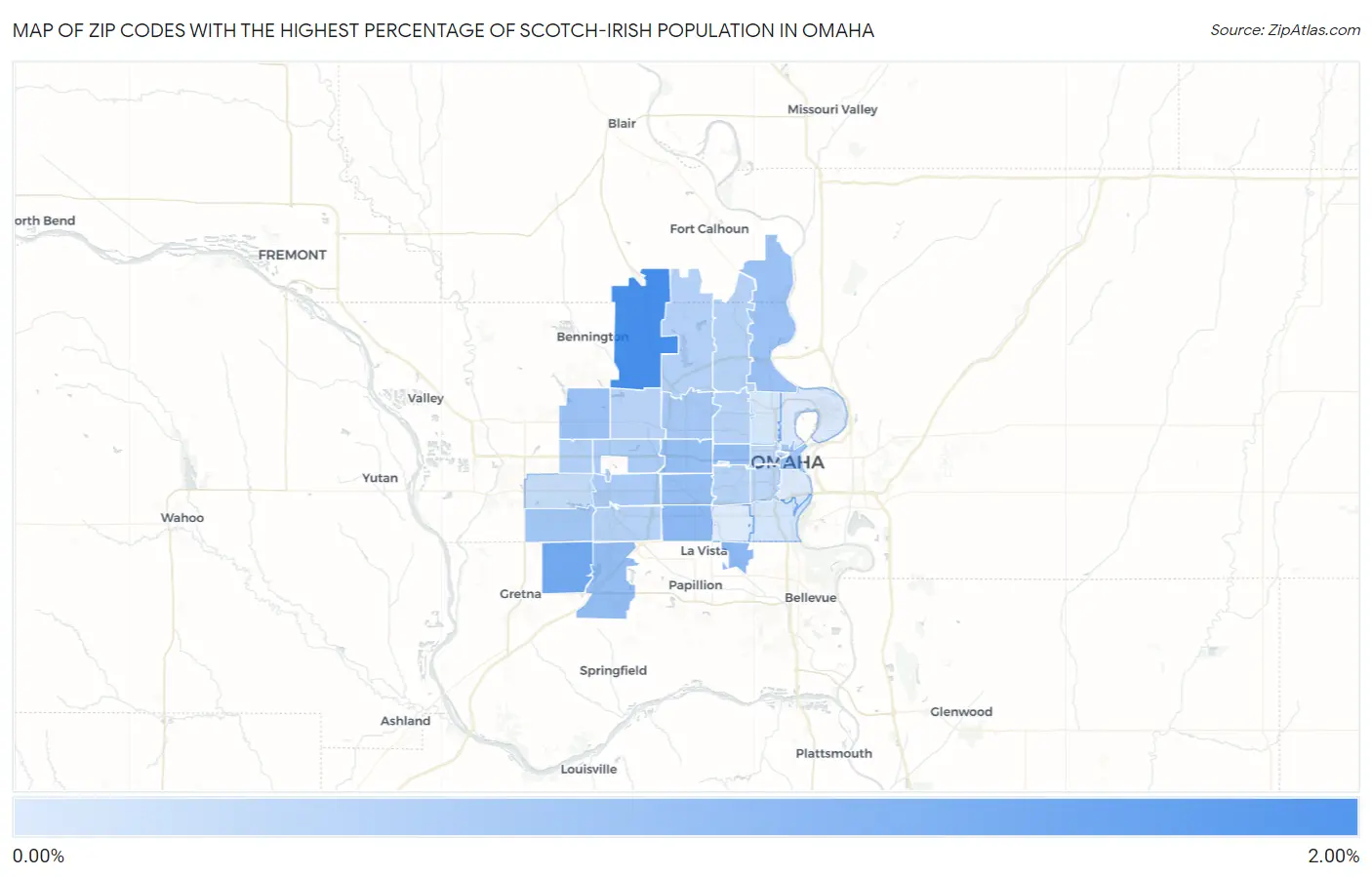 Zip Codes with the Highest Percentage of Scotch-Irish Population in Omaha Map