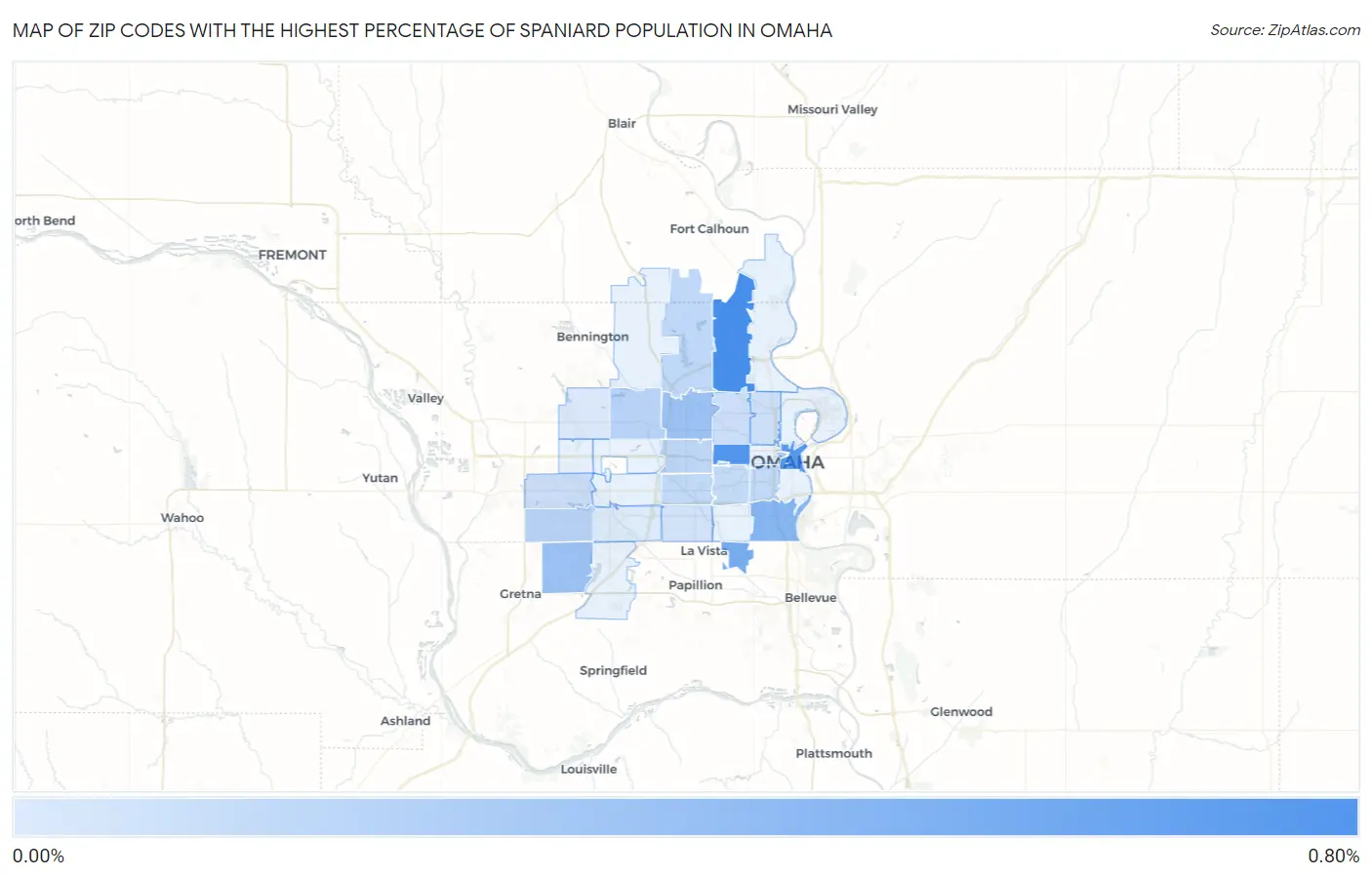 Zip Codes with the Highest Percentage of Spaniard Population in Omaha Map