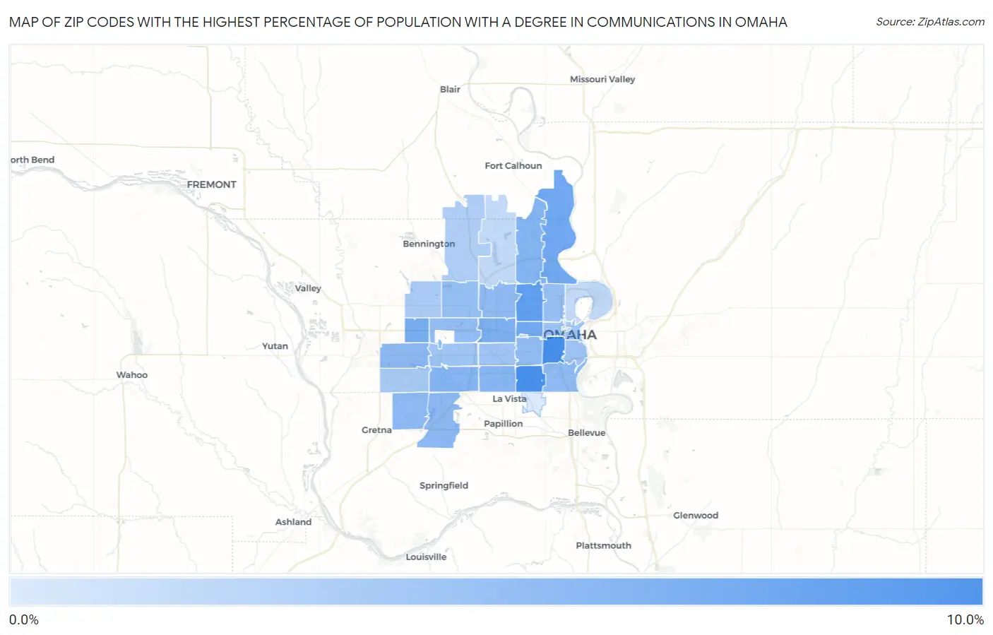 Zip Codes with the Highest Percentage of Population with a Degree in Communications in Omaha Map
