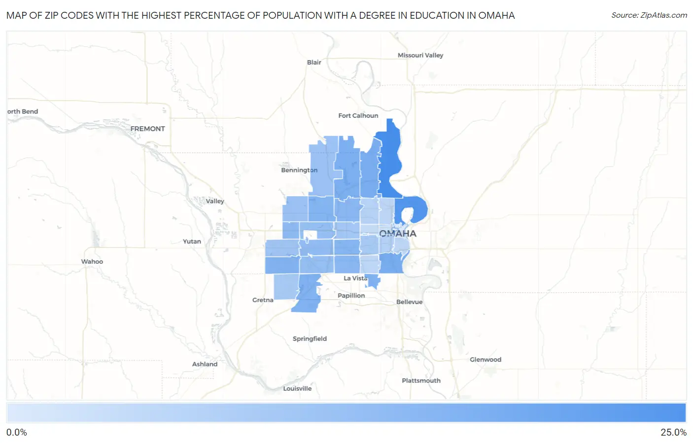 Zip Codes with the Highest Percentage of Population with a Degree in Education in Omaha Map