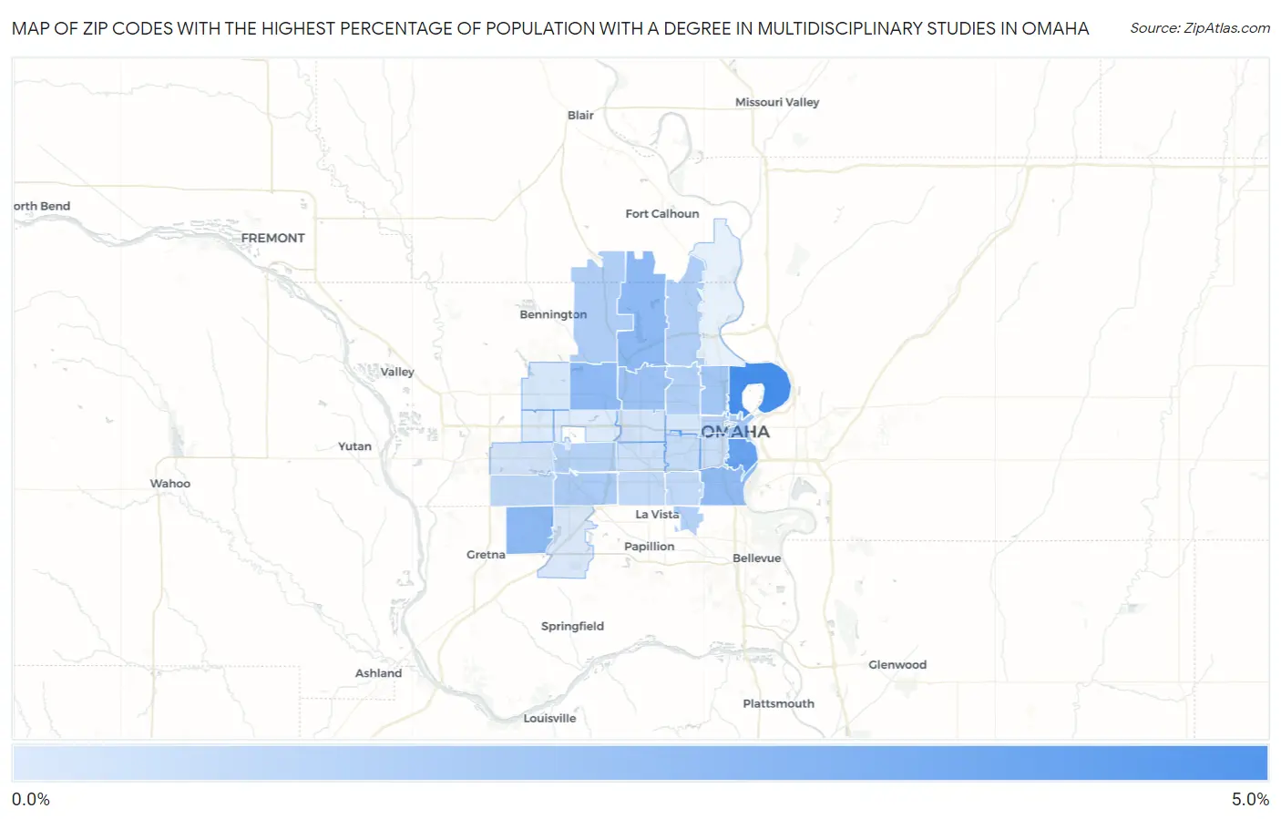 Zip Codes with the Highest Percentage of Population with a Degree in Multidisciplinary Studies in Omaha Map