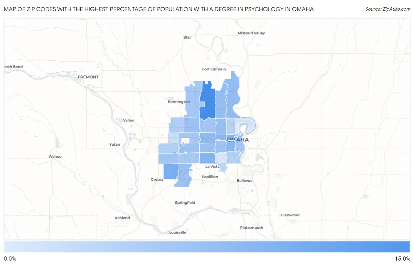 Zip Codes with the Highest Percentage of Population with a Degree in Psychology in Omaha Map