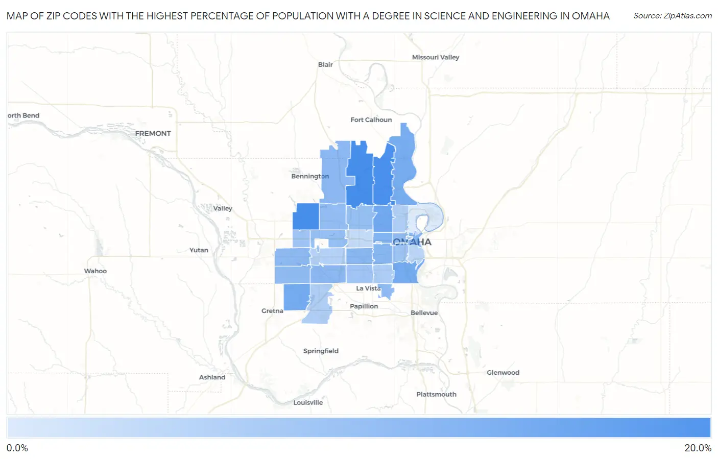 Zip Codes with the Highest Percentage of Population with a Degree in Science and Engineering in Omaha Map