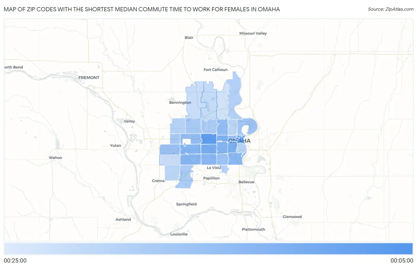 Zip Codes with the Shortest Median Commute Time to Work for Females in Omaha Map