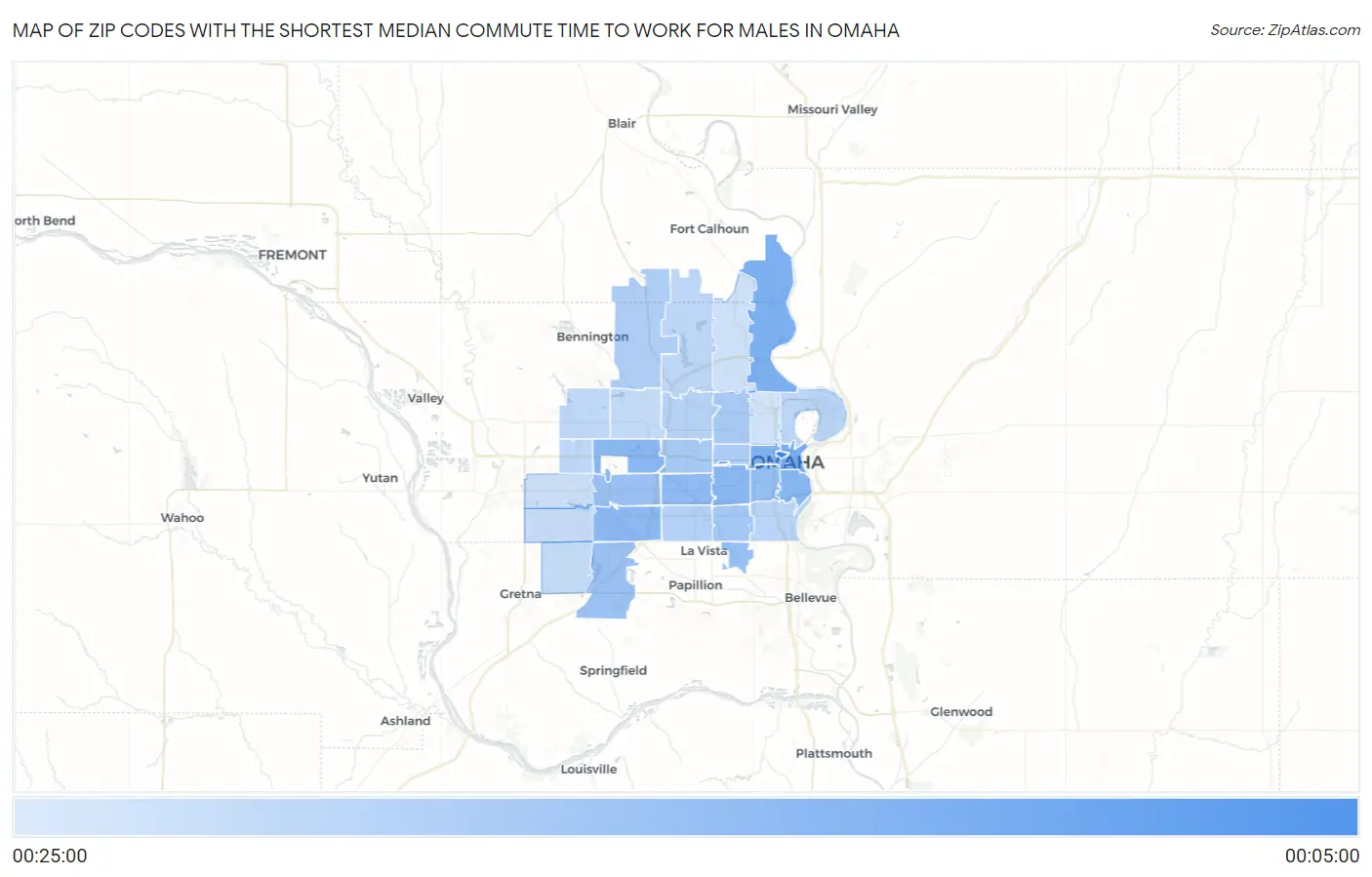 Zip Codes with the Shortest Median Commute Time to Work for Males in Omaha Map