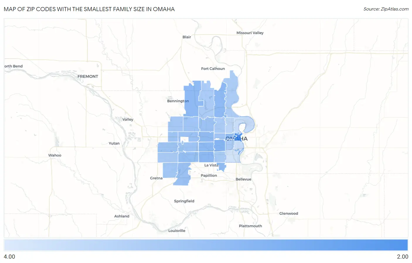 Zip Codes with the Smallest Family Size in Omaha Map