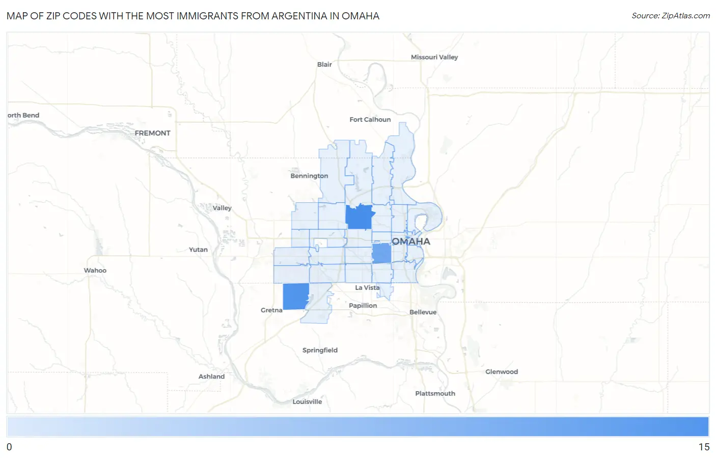 Zip Codes with the Most Immigrants from Argentina in Omaha Map