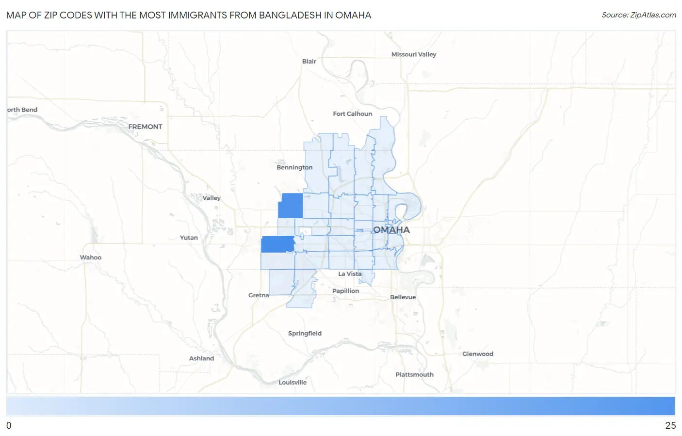 Zip Codes with the Most Immigrants from Bangladesh in Omaha Map