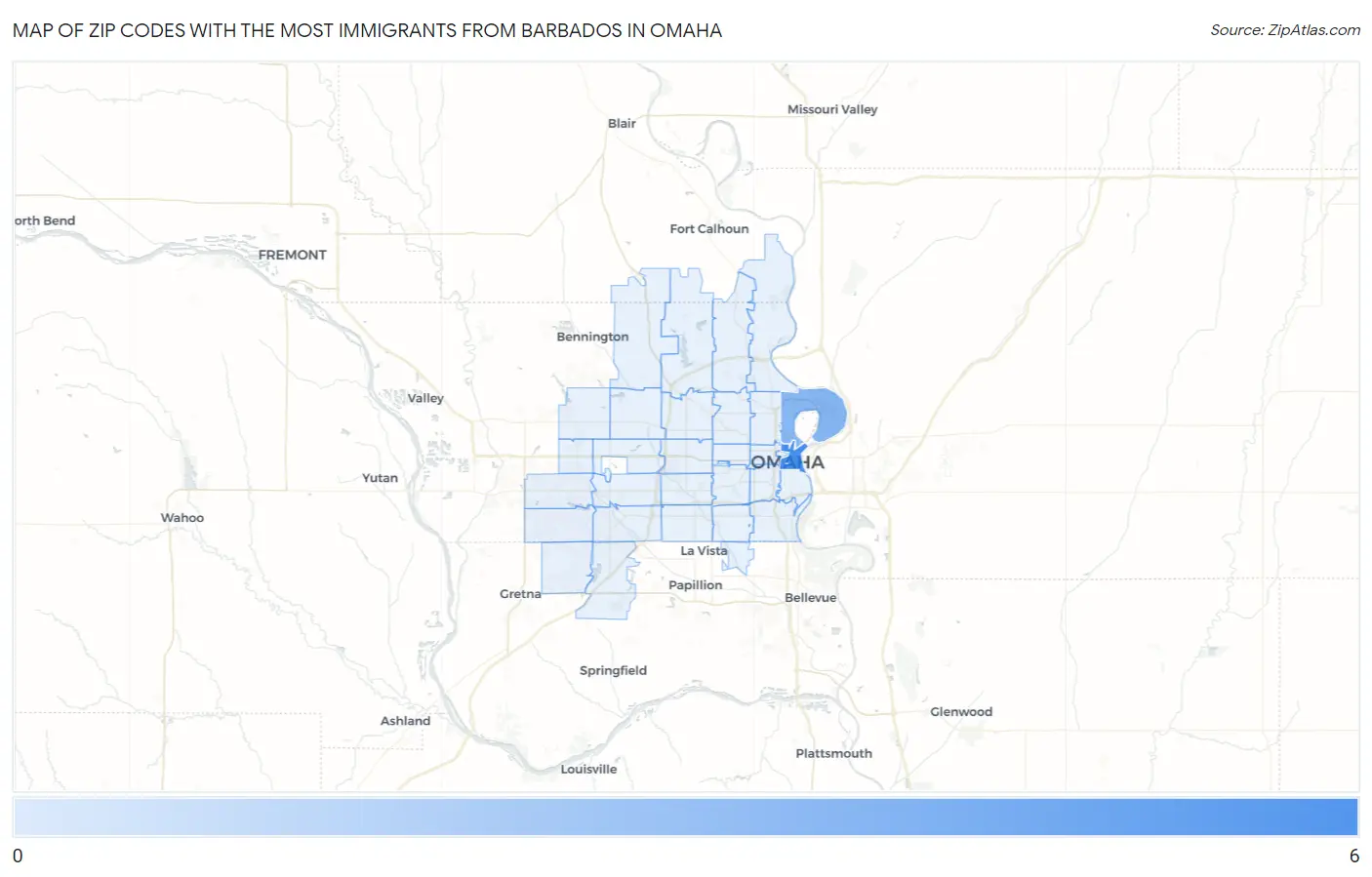 Zip Codes with the Most Immigrants from Barbados in Omaha Map