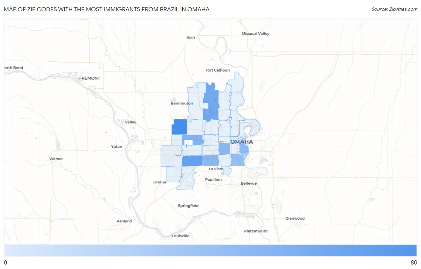 Zip Codes with the Most Immigrants from Brazil in Omaha Map