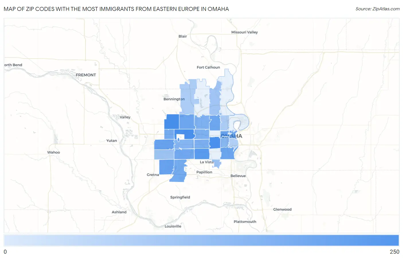 Zip Codes with the Most Immigrants from Eastern Europe in Omaha Map
