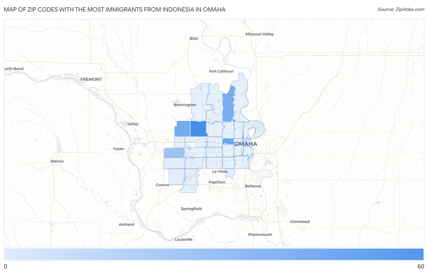 Zip Codes with the Most Immigrants from Indonesia in Omaha Map