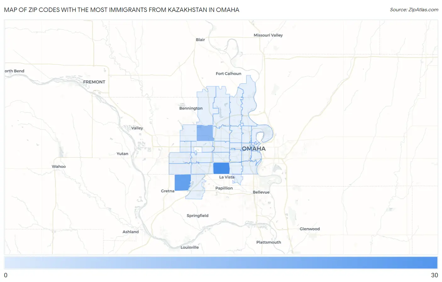 Zip Codes with the Most Immigrants from Kazakhstan in Omaha Map