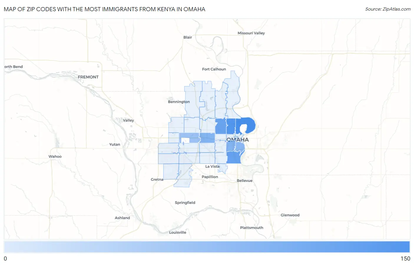 Zip Codes with the Most Immigrants from Kenya in Omaha Map