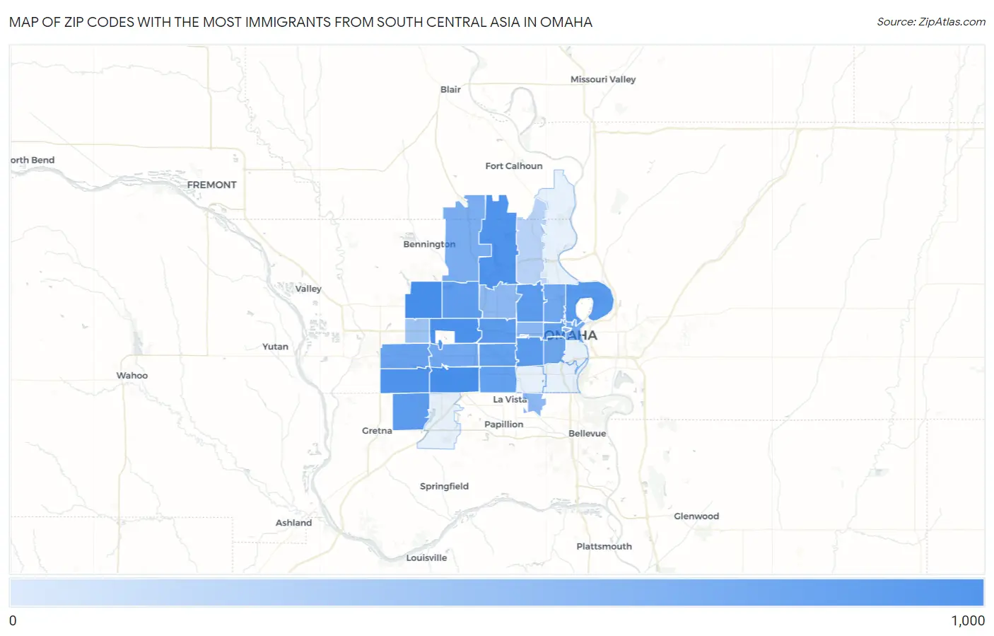 Zip Codes with the Most Immigrants from South Central Asia in Omaha Map