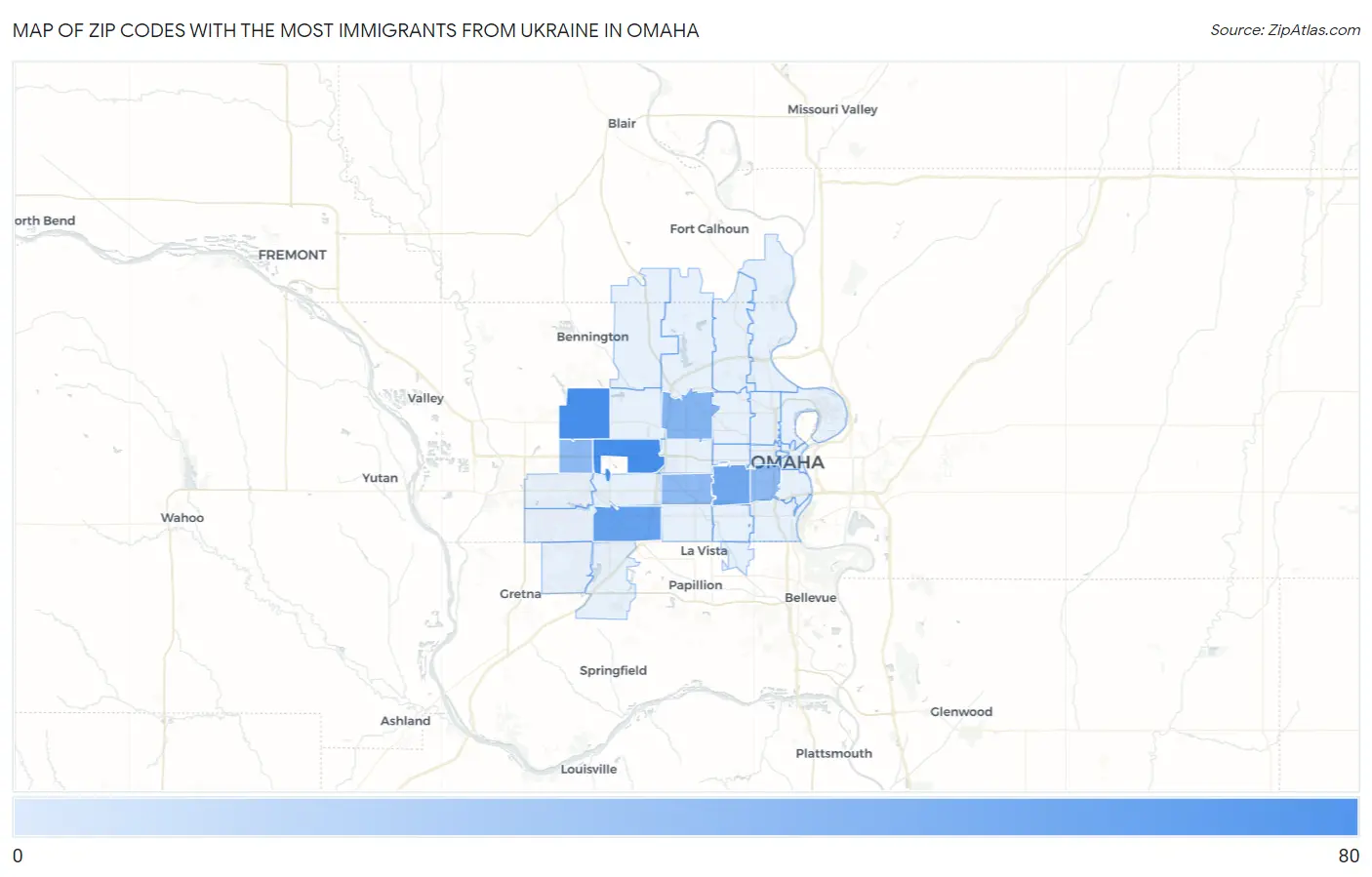 Zip Codes with the Most Immigrants from Ukraine in Omaha Map