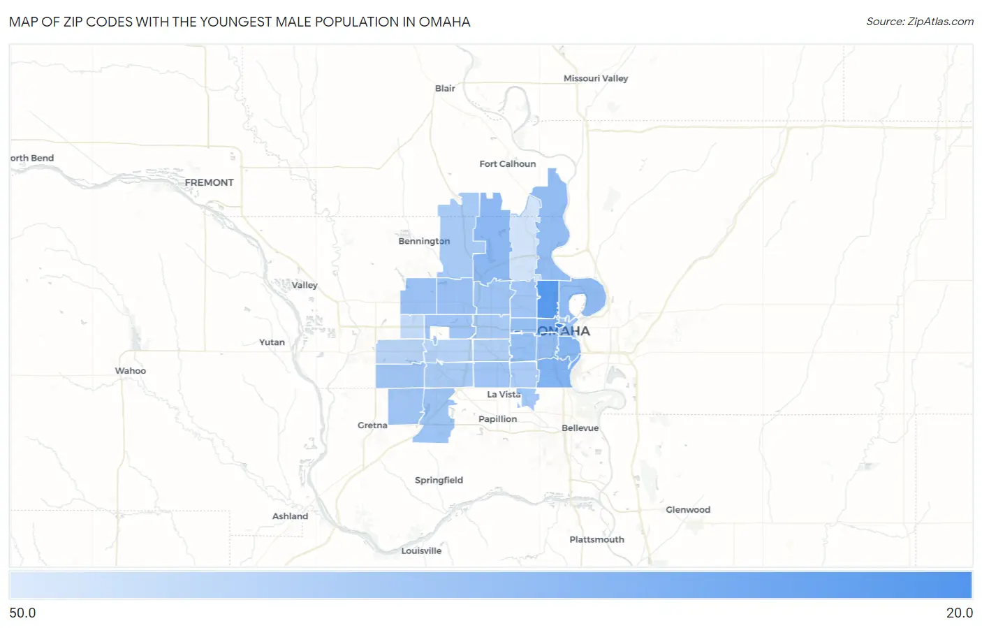 Zip Codes with the Youngest Male Population in Omaha Map