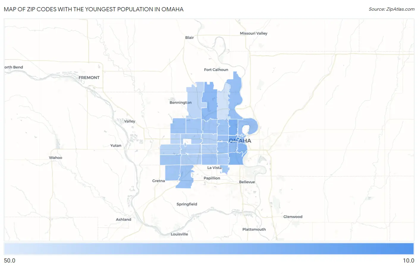 Zip Codes with the Youngest Population in Omaha Map