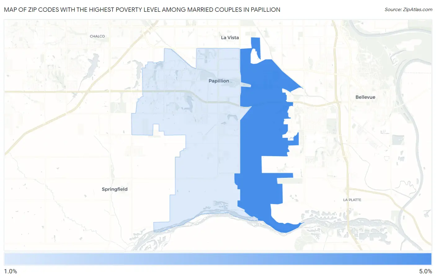 Zip Codes with the Highest Poverty Level Among Married Couples in Papillion Map