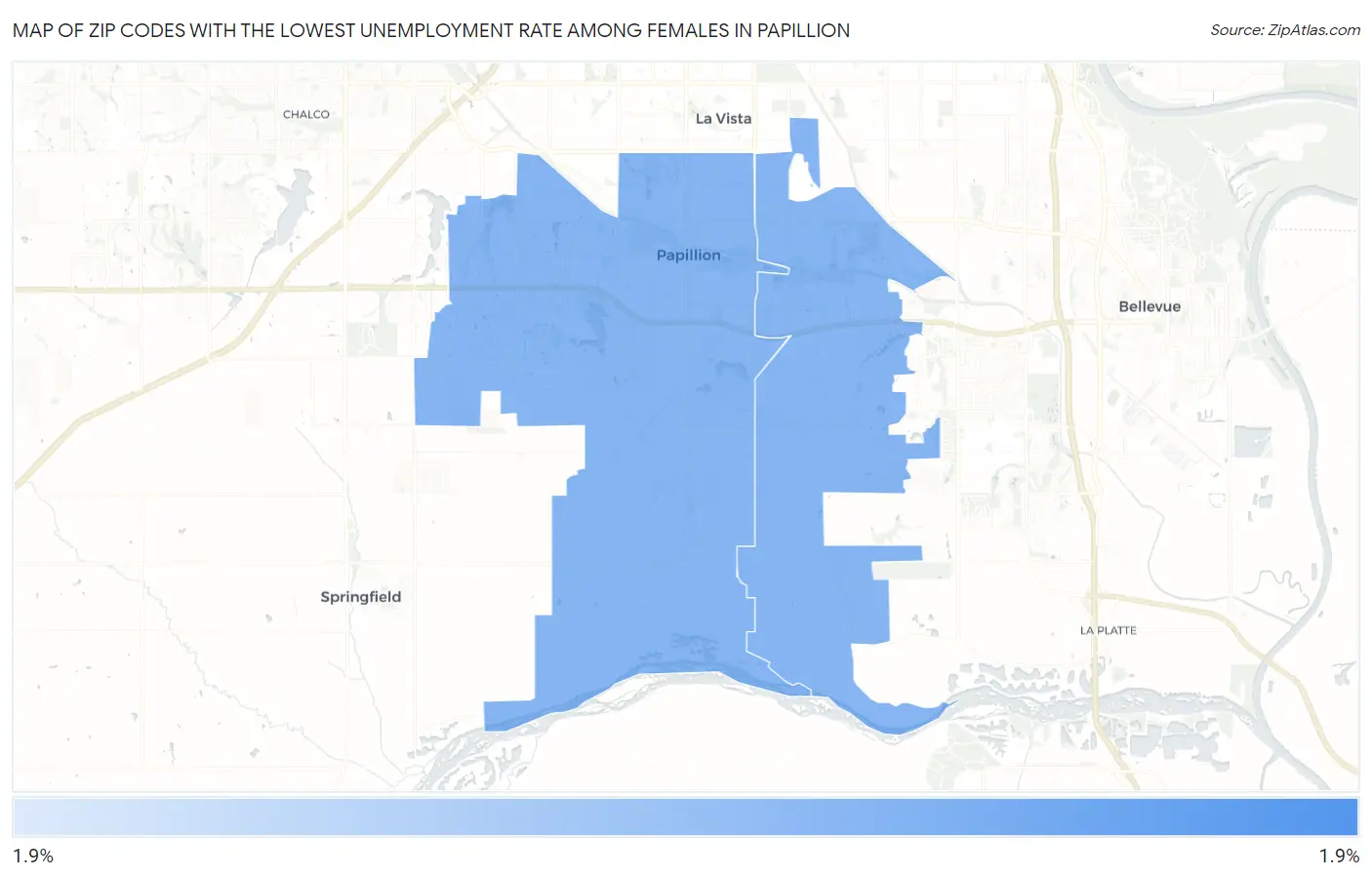 Zip Codes with the Lowest Unemployment Rate Among Females in Papillion Map