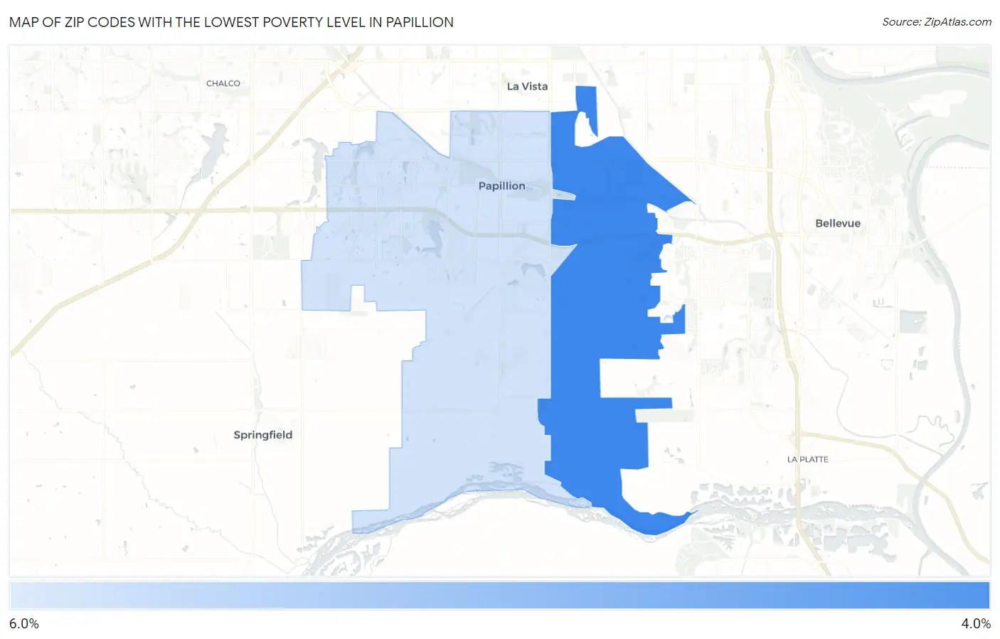 Zip Codes with the Lowest Poverty Level in Papillion Map
