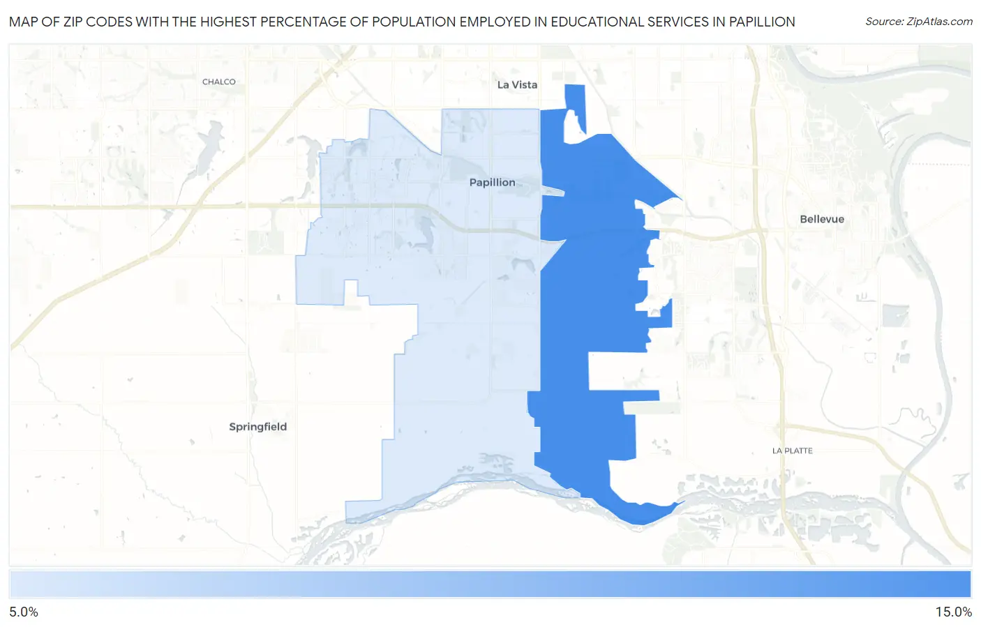 Zip Codes with the Highest Percentage of Population Employed in Educational Services in Papillion Map