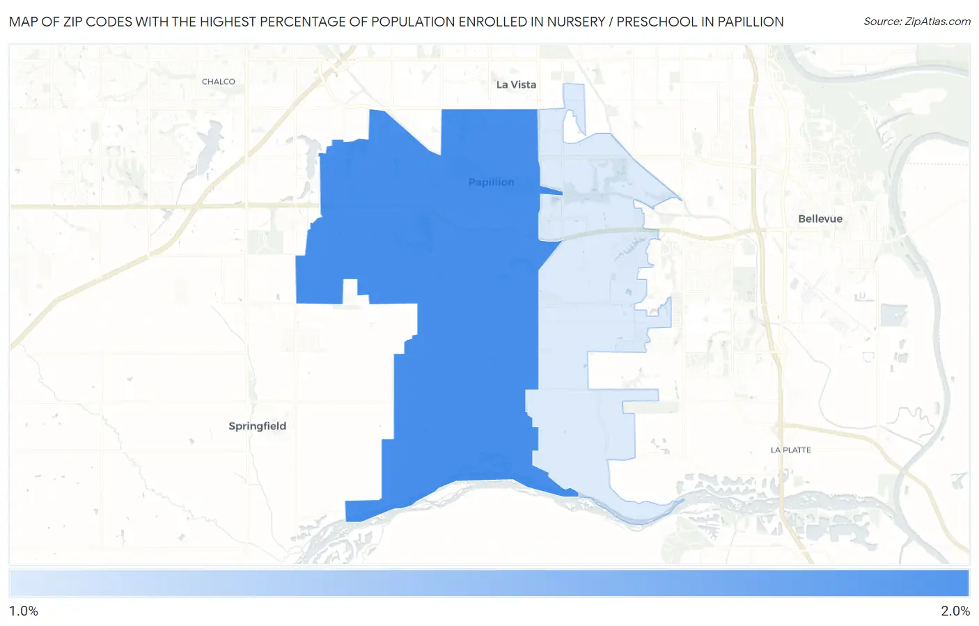 Zip Codes with the Highest Percentage of Population Enrolled in Nursery / Preschool in Papillion Map