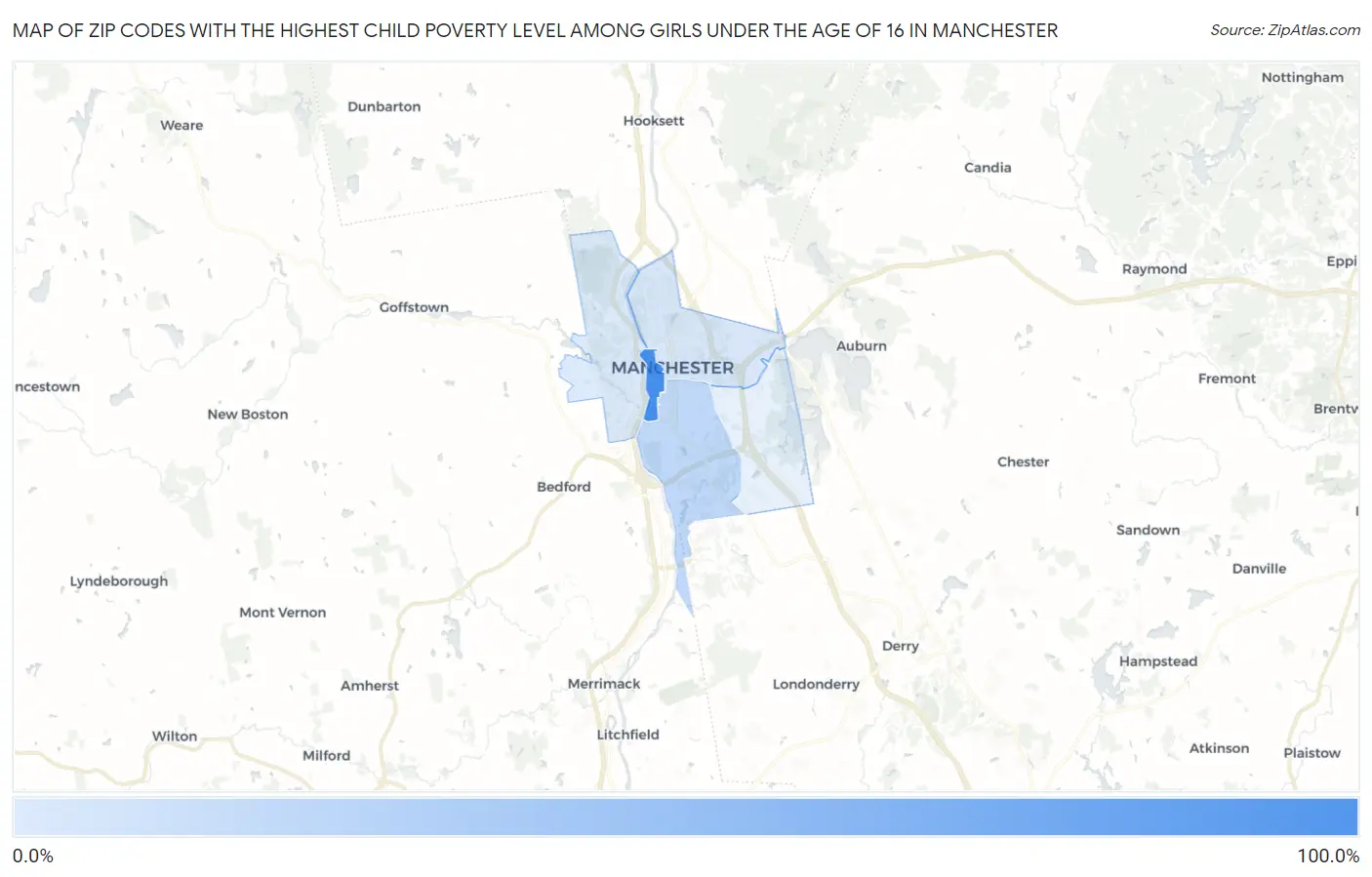 Zip Codes with the Highest Child Poverty Level Among Girls Under the Age of 16 in Manchester Map