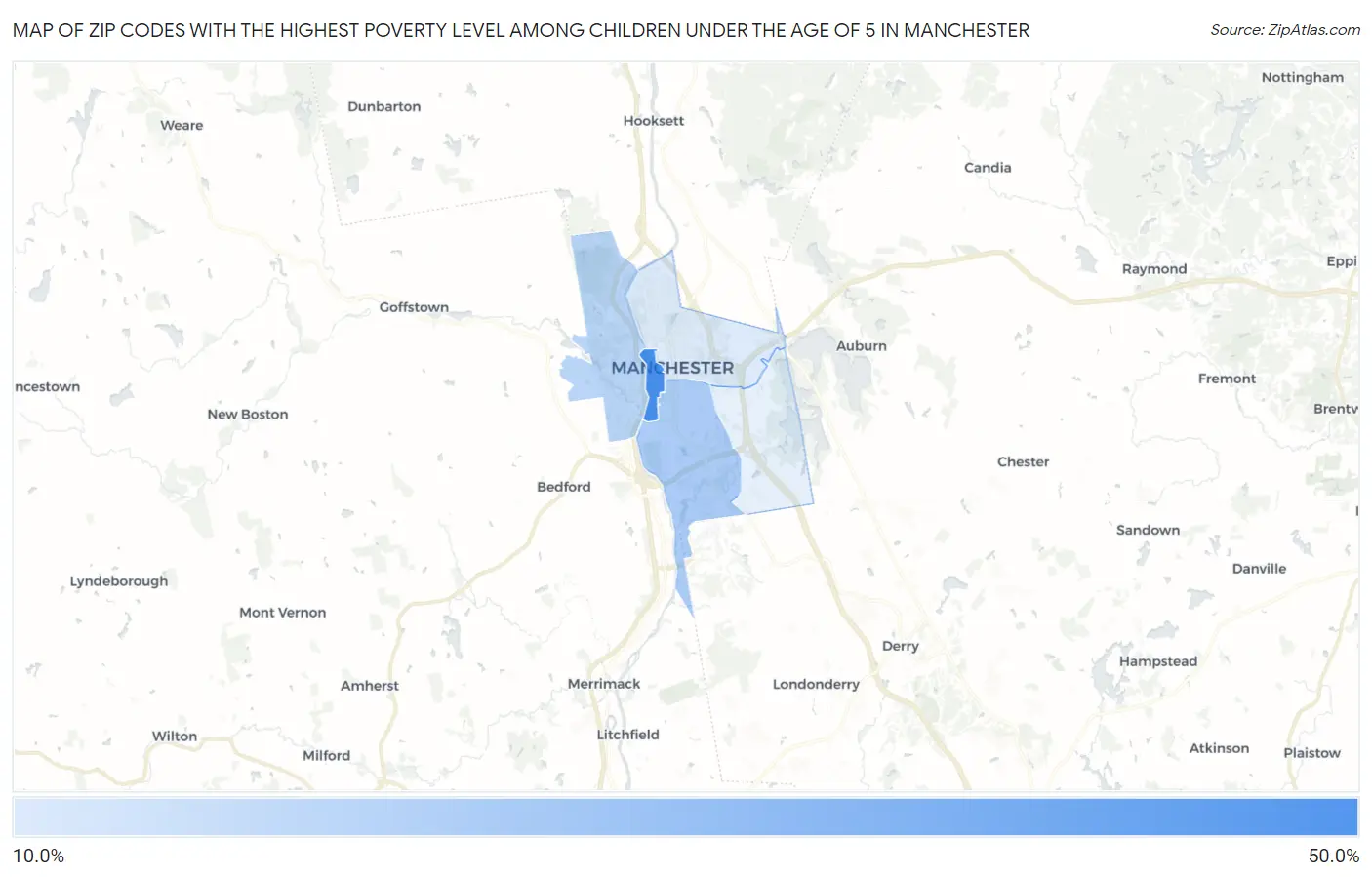 Zip Codes with the Highest Poverty Level Among Children Under the Age of 5 in Manchester Map